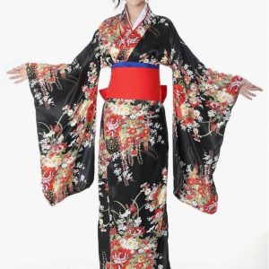 Kimono Yukata đen hoa đỏ sang trọng