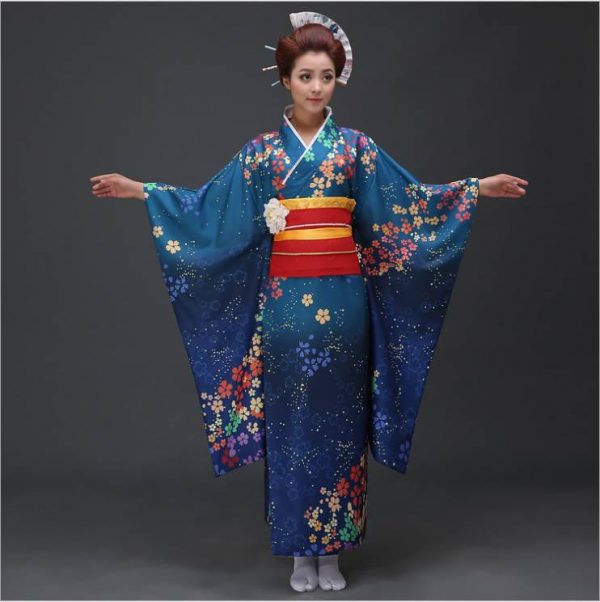 Kimono Yukata xanh hoa bi sang trọng