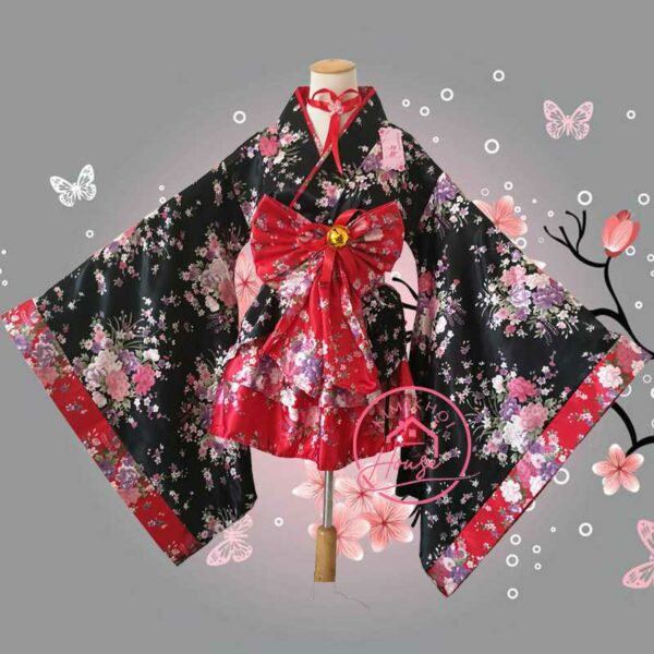 Kimono Đen Đỏ ngắn cosplay lolita