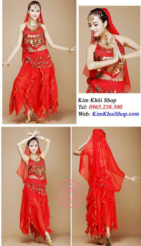 Múa Ấn Độ Yếm Váy Đỏ Viền Kim Tuyến 