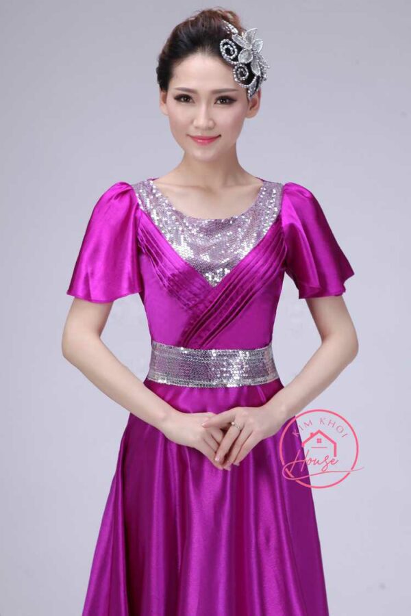 Đầm Dạ Hội Lụa Tím Sen Có Tay Cao Cấp Kim Sa Viền (Eo 65 - 93cm)