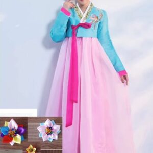 Hanbok Hàn Quốc Nữ Xanh Váy Hồng Nhạt